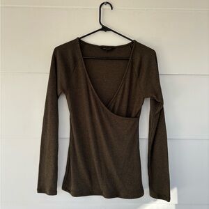 Banana Republic Womens Small Dark Green Wrap Blouse Ribbed Long Sleeve Workwear